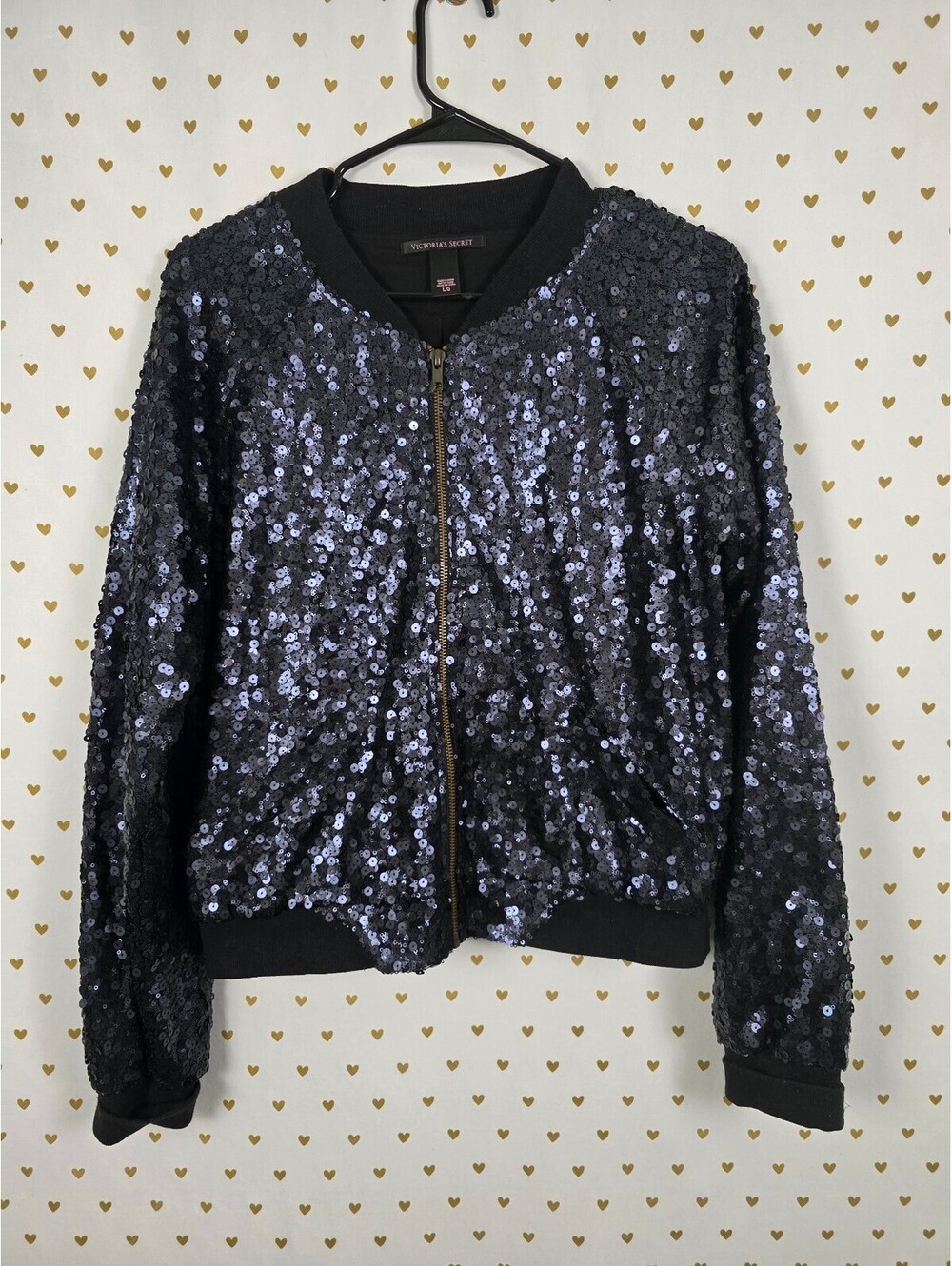 Victoria's Secret Black Sequin Bomber Jacket Full Zip Large Coat LG FULL BLING